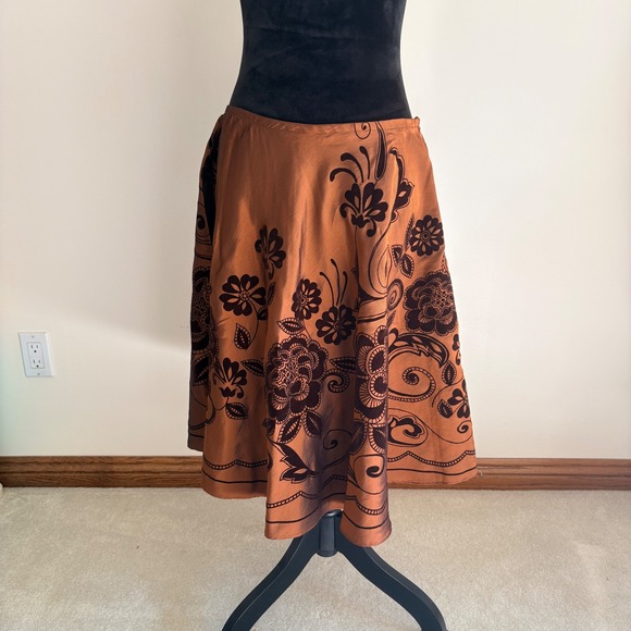 Coldwater Creek Dresses & Skirts - Coldwater Creek Skirt Womens PM Petite Copper Brown Flocked Floral Velvet Midi